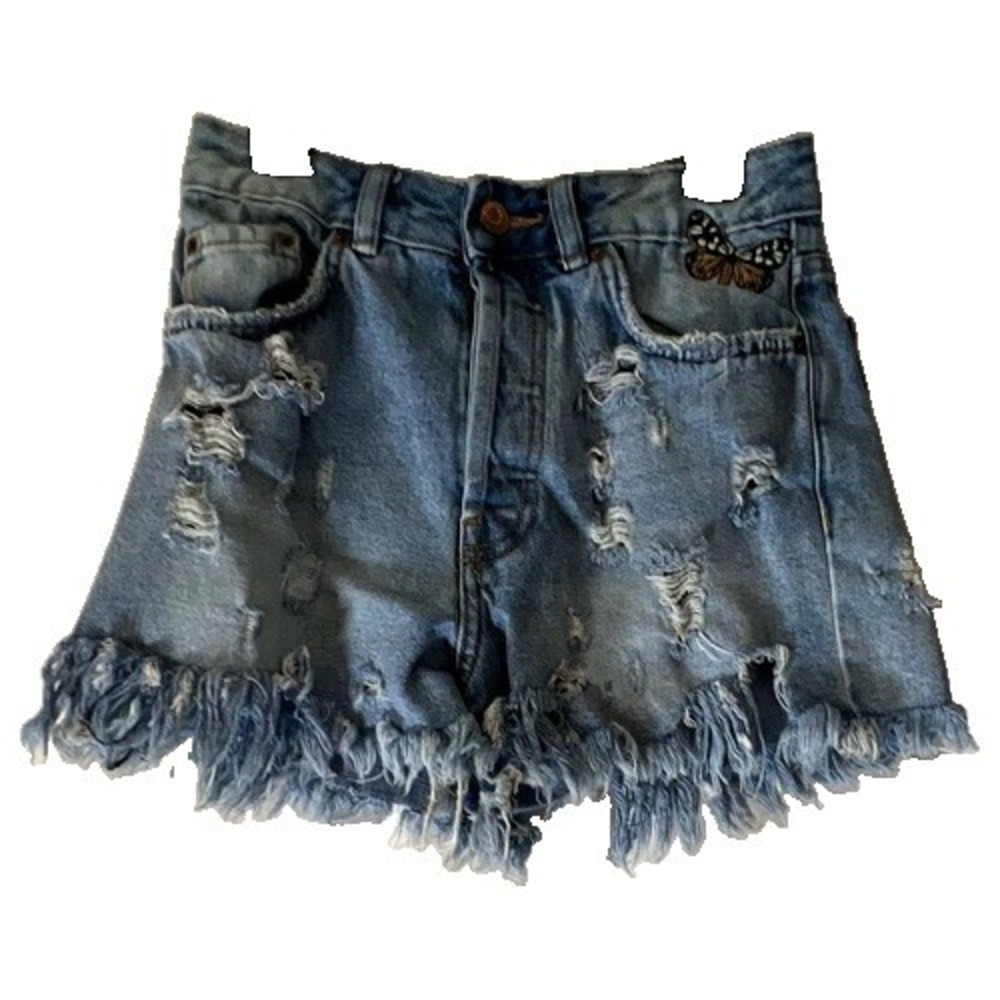 ZARA Trafaluc Denimwear Blue High Rise Cut-Off Shorts Butterfly Embroidered S